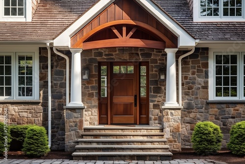 Elegant Home Entrance with Wooden Door and Stone Facade