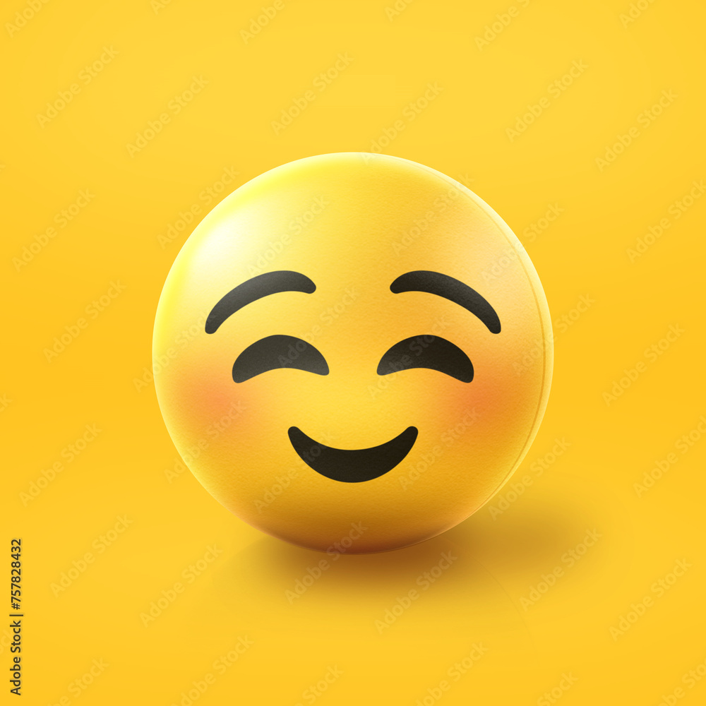 Fototapeta premium Happy smiling Emoji stress ball on shiny floor. 3D emoticon isolated.