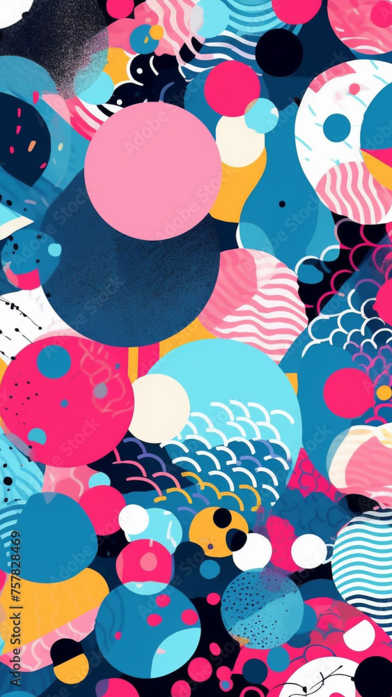 Obraz premium Contemporary arrangement, Vibrant Seamless Pattern, A mix of geometric shapes and colors arranged in a bold, abstract pattern. Color Tones Bright shades of blue, pink, and yellow, modern, playful