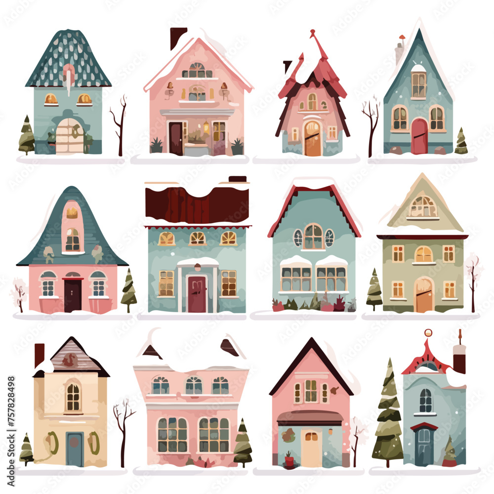 Quirky Winter Houses Clipart Clipart isolated on whit