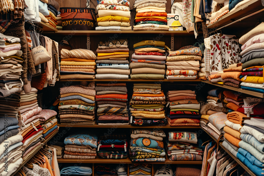 Nicely organised women's wardrobe filled with colourful clothes, cozy bedroom wardrobe. Female closet organization concept. Design for textile, interior, print. Close up view Nicely organised women's wardrobe filled with colourful clothes, cozy bedroom wardrobe. Female closet organization concept. Design for textile, interior, print. Close up view
