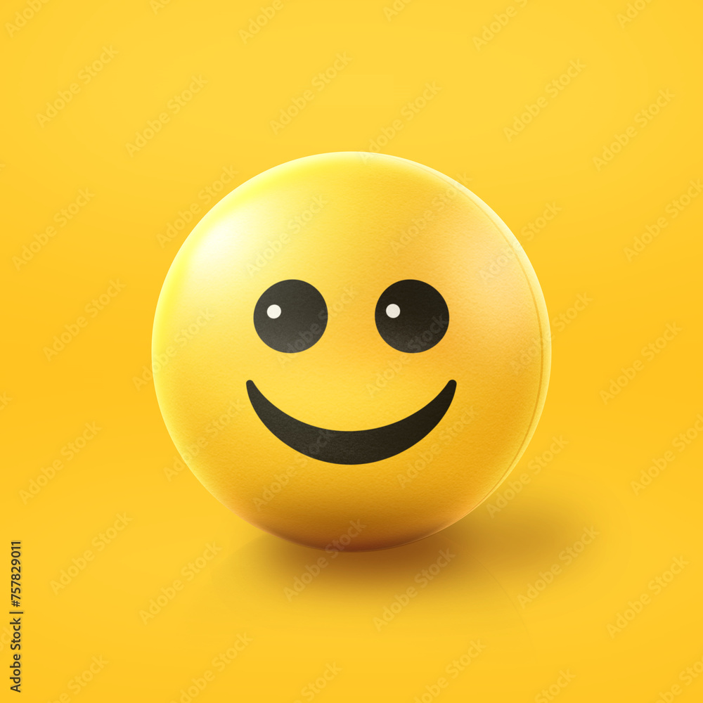 Fototapeta premium Happy smiling Emoji stress ball on shiny floor. 3D emoticon isolated.