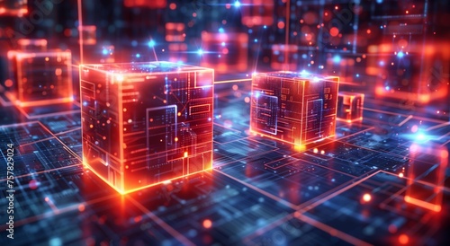 Illuminated digital blockchain cubes on a virtual grid, symbolizing secure data technology