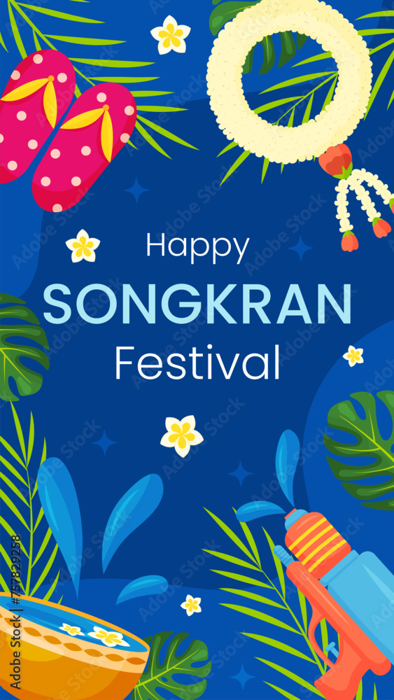 Vector Songkran water festival of Thailand greeting card banner. Gold bowl water, tropical flowers, leaves, water guns on blue background. Vertical invitation, flyer, brochure, poster for event.