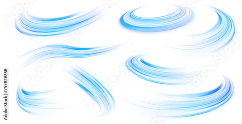 Wavy transparent curved lines in the form of the movement of sound waves in a set of different shapes of whirlpool. Light, light garland PNG.	