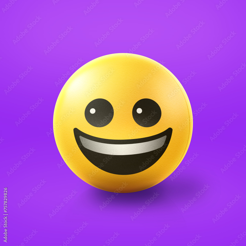 Fototapeta premium Happy smiling Emoji stress ball on shiny floor. 3D emoticon isolated.