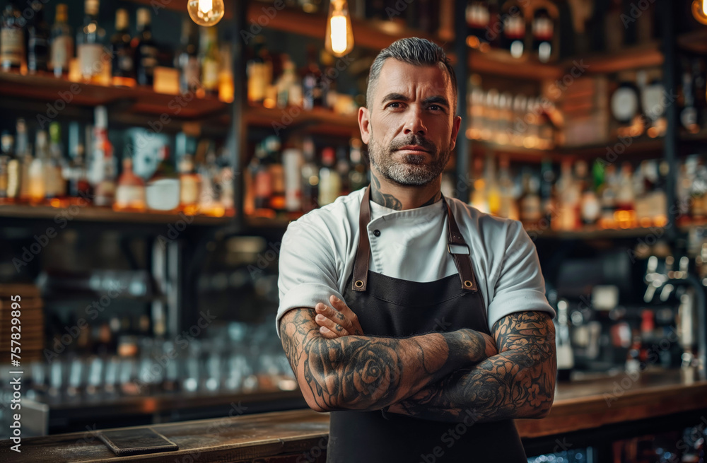 Fototapeta premium Tattooed Bartender with Attitude in Vintage Style Pub 