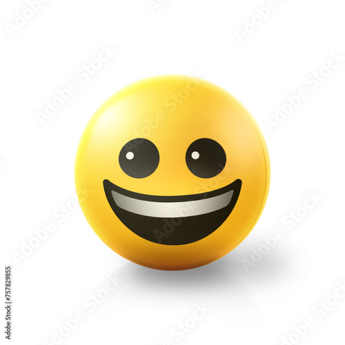 Happy smiling Emoji stress ball on shiny floor. 3D emoticon isolated.