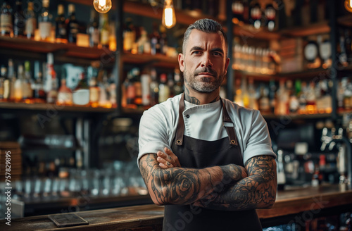 Tattooed Bartender with Attitude in Vintage Style Pub 
