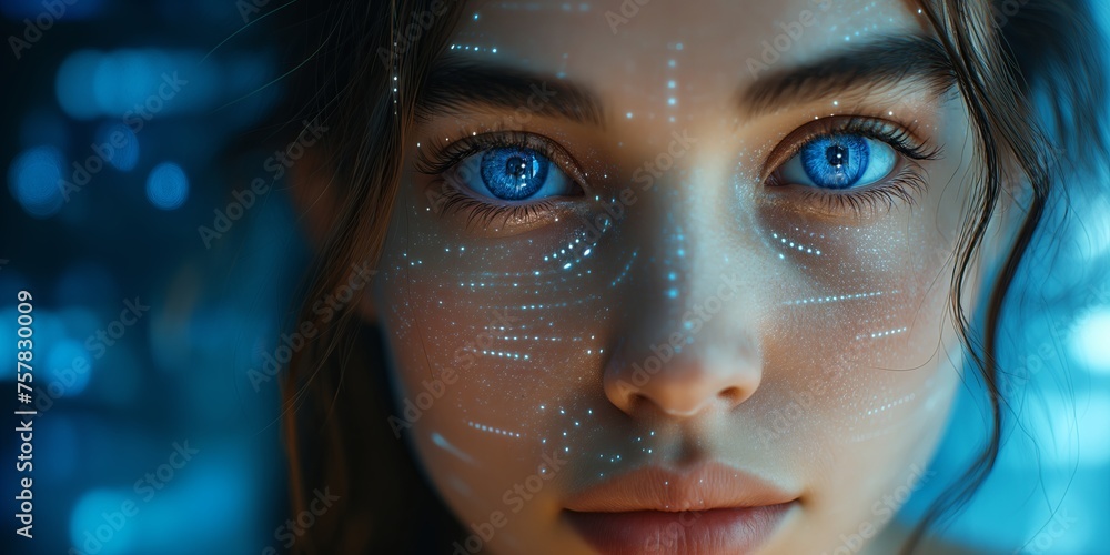 Head-shot of beautiful woman with on futuristic background. Artificial intelligence, people and technology concept.