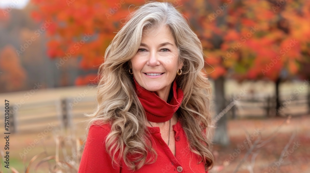 Elegant senior woman with red scarf against fall colors. Elegant senior woman with red scarf against fall colors.