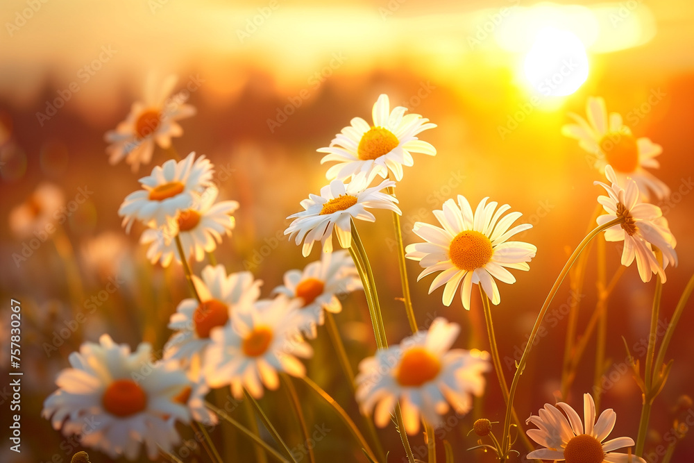 chamomile field at sunset in the sunshine with large daisies in the foreground