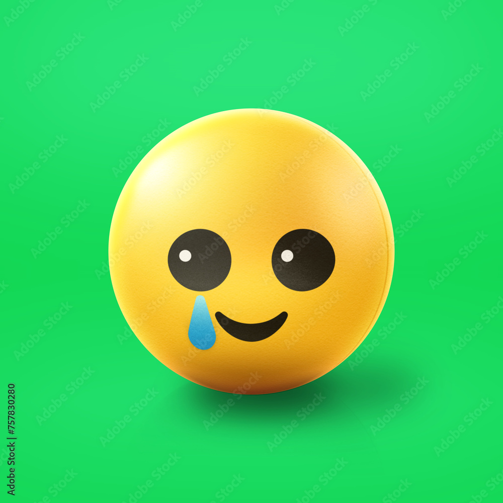 Happy with a tear Emoji stress ball on shiny floor. 3D emoticon isolated.