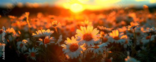 chamomile field at sunset in the sunshine with large daisies in the foreground with copy space
