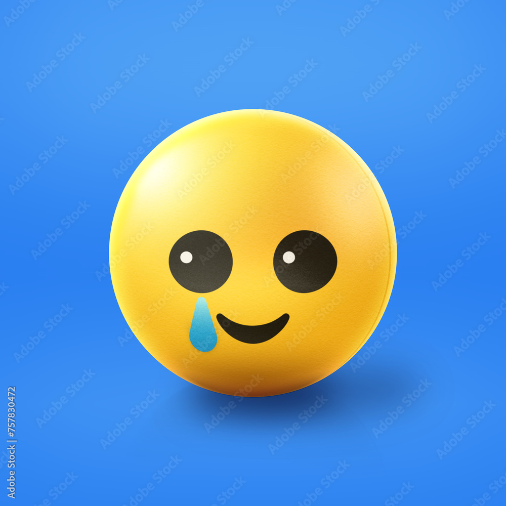 Fototapeta premium Happy with a tear Emoji stress ball on shiny floor. 3D emoticon isolated.