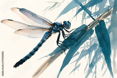 Dragonfly and grass ink painting