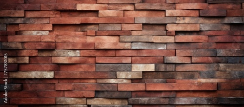 A detailed closeup of a brown brick wall showcasing the rectangular brick pattern. The building material resembles hardwood flooring with a wood stain finish