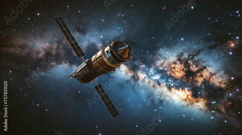 Satellite journeys through the vastness of deep space against the Milky Way, a