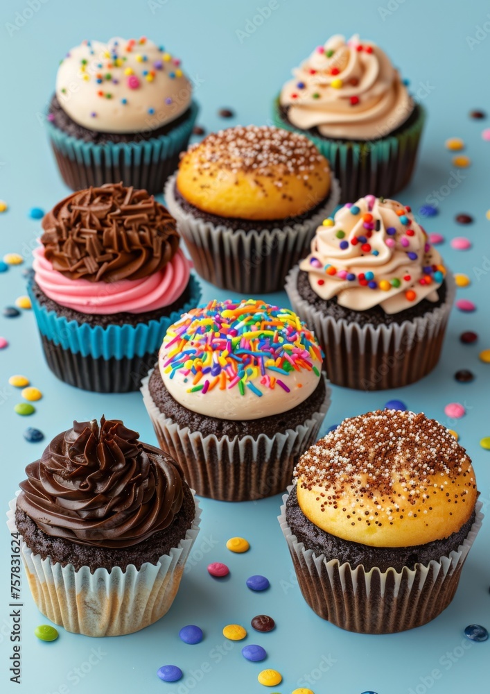 Group of assorted cupcakes topped with frosting, icing. Isolated on blue background. 
