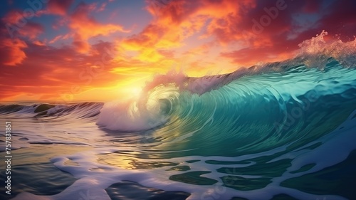 Colorful Ocean Wave. Sea water in crest shape. Sunset light and beautiful clouds on background. Colorful ocean wave. Sea water wave shape. © May