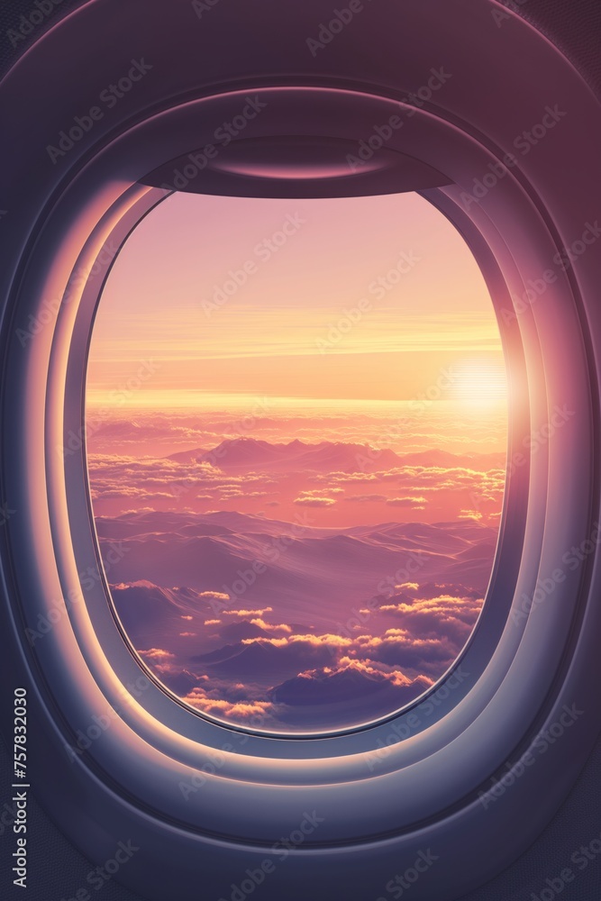 View from the passenger window of an airplane during a flight on mountains and soft clouds at dawn View from the passenger window of an airplane during a flight on mountains and soft clouds at dawn