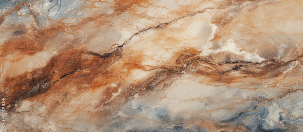 A detailed closeup of a marble texture resembling a blend of brown and white colors, resembling a unique pattern found in natural landscapes