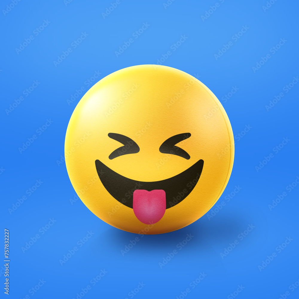 Fototapeta premium Tongue out and squinting Emoji stress ball on shiny floor. 3D emoticon isolated.