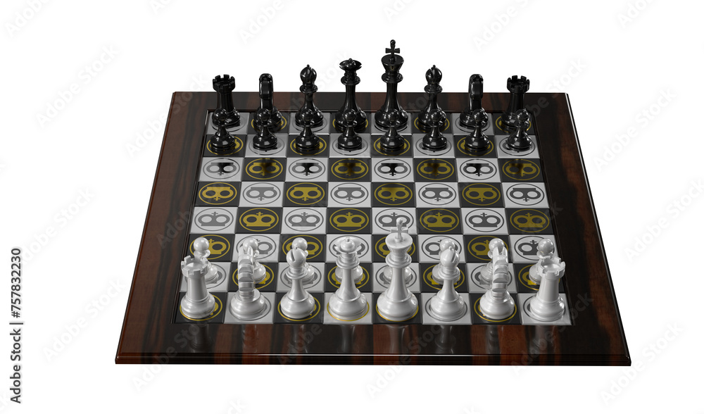 Chess. Black and white finuras on a chessboard in the starting position. Isometrics. Transparent background. Isolated. Chess. Black and white finuras on a chessboard in the starting position. Isometrics. Transparent background. Isolated.