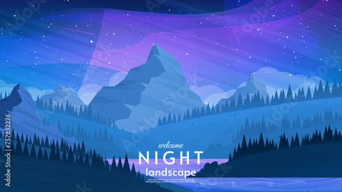 Night aurora borealis landscape. Starry sky with comets. Hills with lake. Design for background, wallpaper.