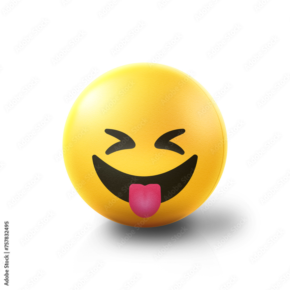 Fototapeta premium Tongue out and squinting Emoji stress ball on shiny floor. 3D emoticon isolated.