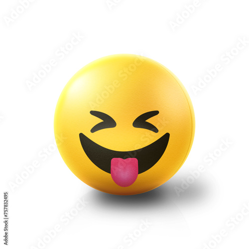 Tongue out and squinting Emoji stress ball on shiny floor. 3D emoticon isolated.