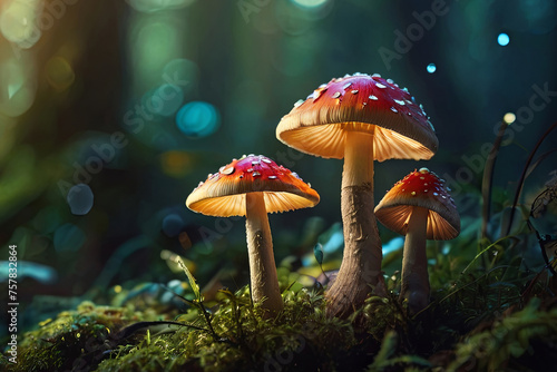 Magical mushrooms, beautiful macro shot with magic light. Digital art. 