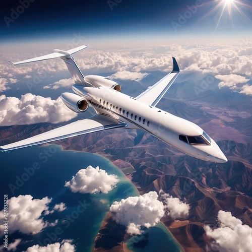 Private jet for luxury business flying high in the sky above the earth