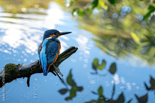 colorful kingfisher bird sits calmly on a tree branch, against a soft-focus background with warm hues