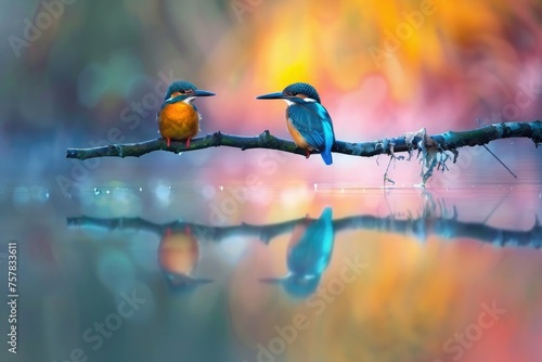 colorful kingfisher bird sits calmly on a tree branch, against a soft-focus background with warm hues