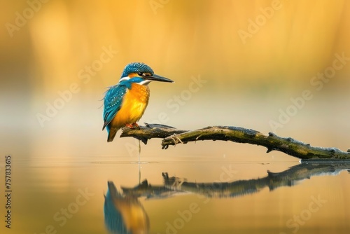 colorful kingfisher bird sits calmly on a tree branch, against a soft-focus background with warm hues
