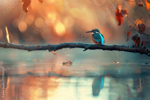 colorful kingfisher bird sits calmly on a tree branch, against a soft-focus background with warm hues