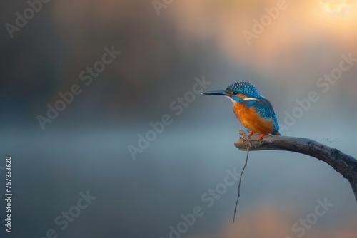 colorful kingfisher bird sits calmly on a tree branch, against a soft-focus background with warm hues