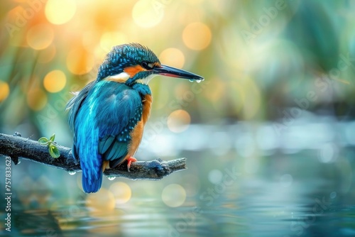colorful kingfisher bird sits calmly on a tree branch, against a soft-focus background with warm hues