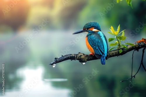 colorful kingfisher bird sits calmly on a tree branch, against a soft-focus background with warm hues