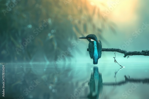 colorful kingfisher bird sits calmly on a tree branch, against a soft-focus background with warm hues