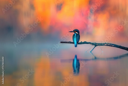 colorful kingfisher bird sits calmly on a tree branch, against a soft-focus background with warm hues