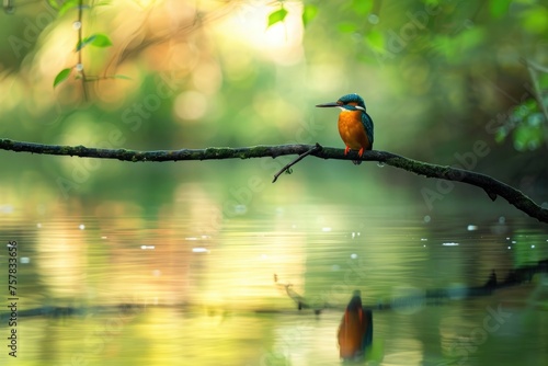 colorful kingfisher bird sits calmly on a tree branch, against a soft-focus background with warm hues
