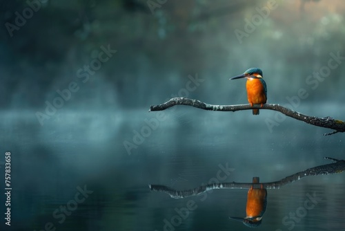 colorful kingfisher bird sits calmly on a tree branch, against a soft-focus background with warm hues