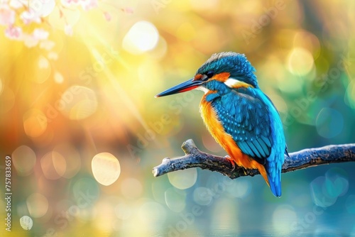 colorful kingfisher bird sits calmly on a tree branch, against a soft-focus background with warm hues