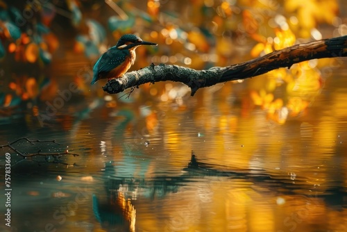 colorful kingfisher bird sits calmly on a tree branch, against a soft-focus background with warm hues
