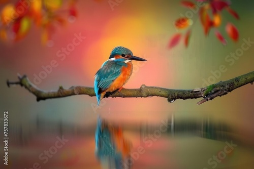 colorful kingfisher bird sits calmly on a tree branch, against a soft-focus background with warm hues