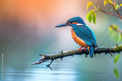 colorful kingfisher bird sits calmly on a tree branch, against a soft-focus background with warm hues
