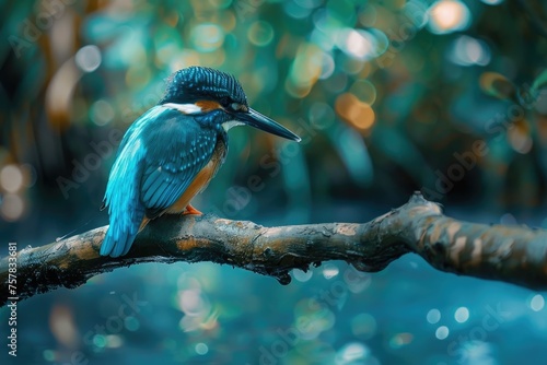 colorful kingfisher bird sits calmly on a tree branch, against a soft-focus background with warm hues