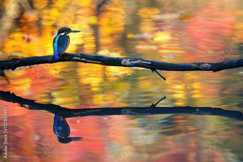 colorful kingfisher bird sits calmly on a tree branch, against a soft-focus background with warm hues